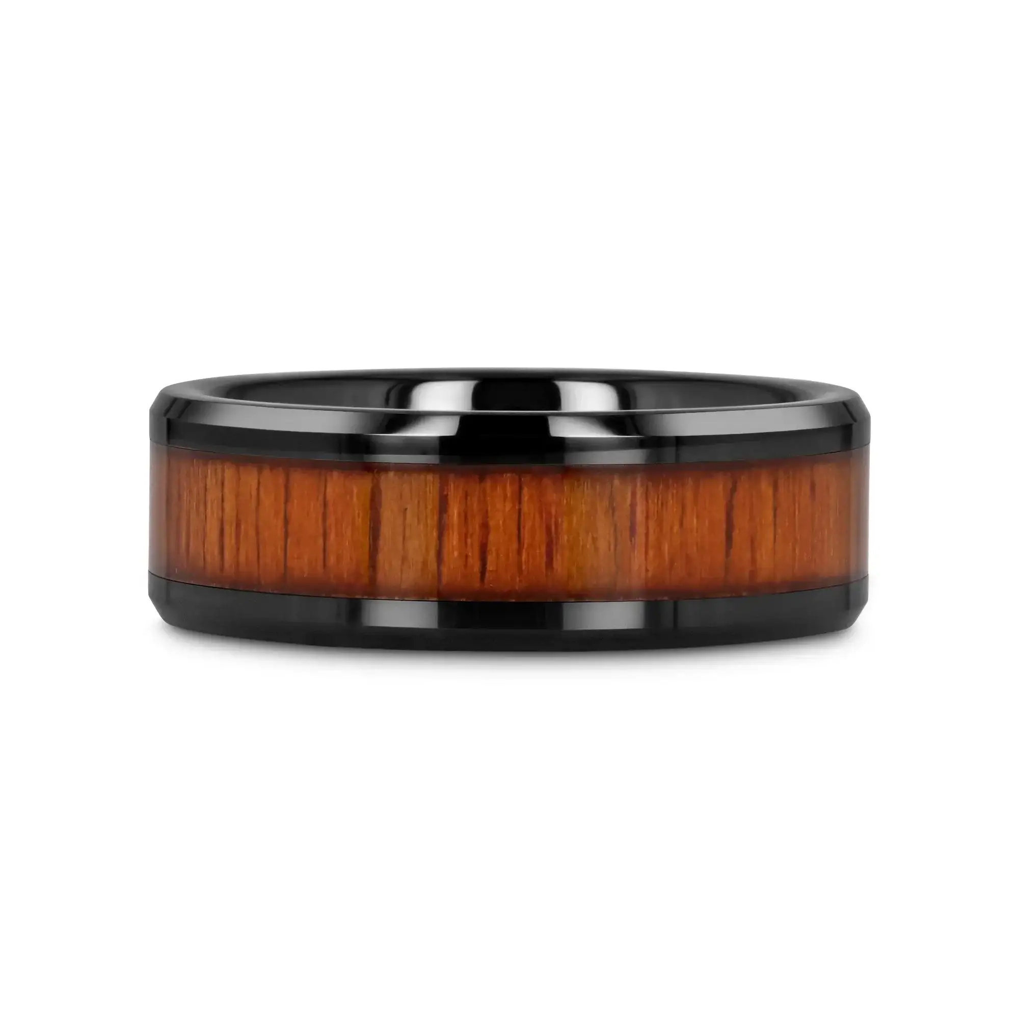 ACACIA Koa Wood Inlaid Black Ceramic Ring with Bevels - 4mm - 12mm - Image 3