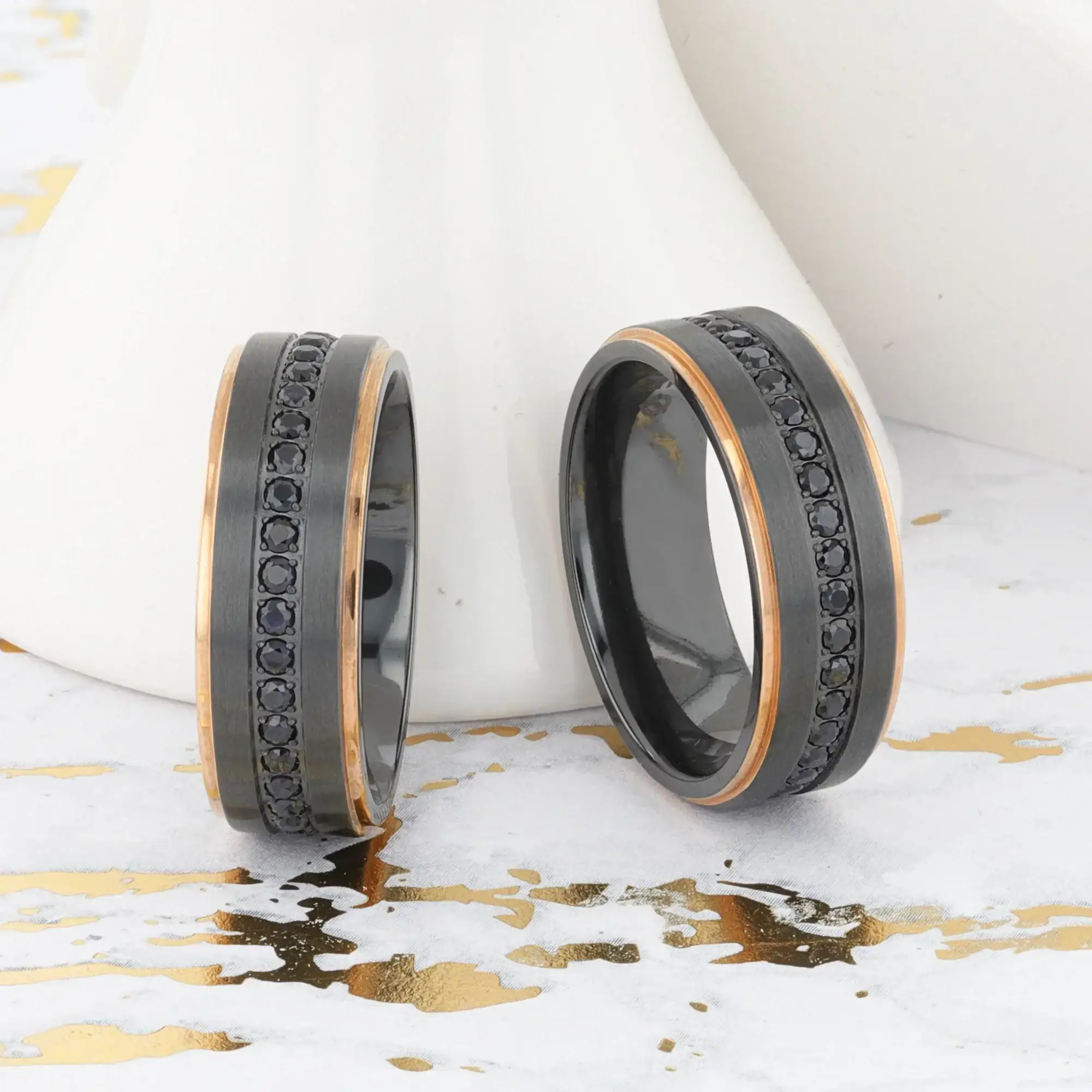 ASTRO Flat Brushed Black Titanium Ring with Rose Gold Plated Edge and Black Sapphire Settings All Around - 8mm - Image 8