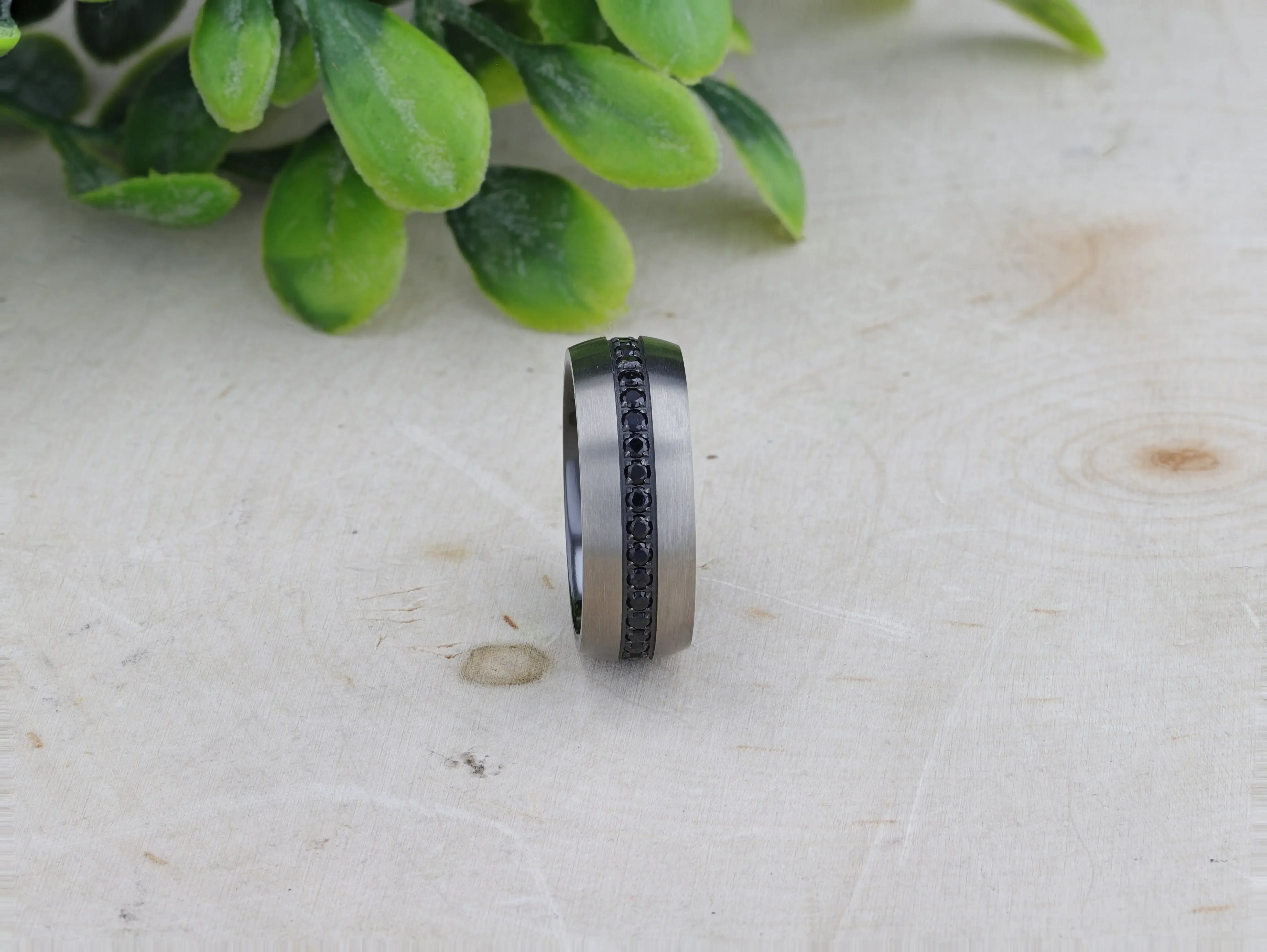 AVIATOR Domed Brushed Titanium Men's Wedding Band with Black Sapphire Stones Inlay - 8mm - Image 4
