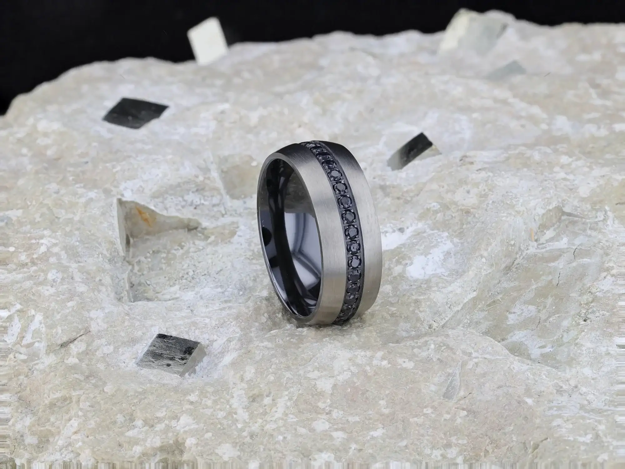 AVIATOR Domed Brushed Titanium Men's Wedding Band with Black Sapphire Stones Inlay - 8mm - Image 8