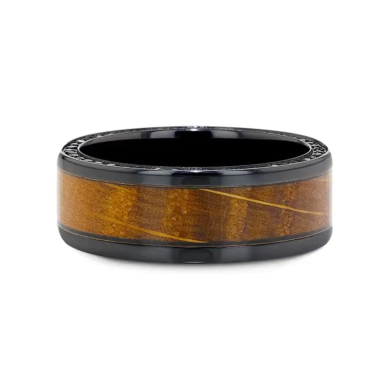 BOURBON Black Zirconium Ring with Whiskey Barrel Wood Inlay and Black Sapphires - 8mm - Image 3