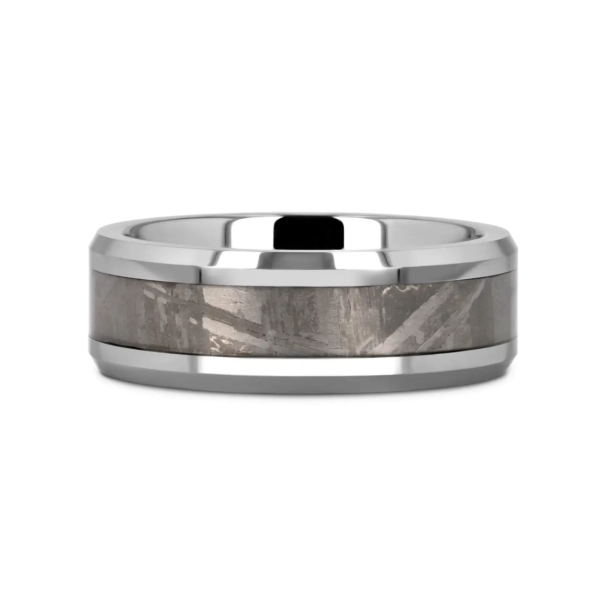 CELESTIAL Flat Tungsten Carbide Ring with Beveled Edges and Meteorite Inlay Thorsten - 8mm - Image 3
