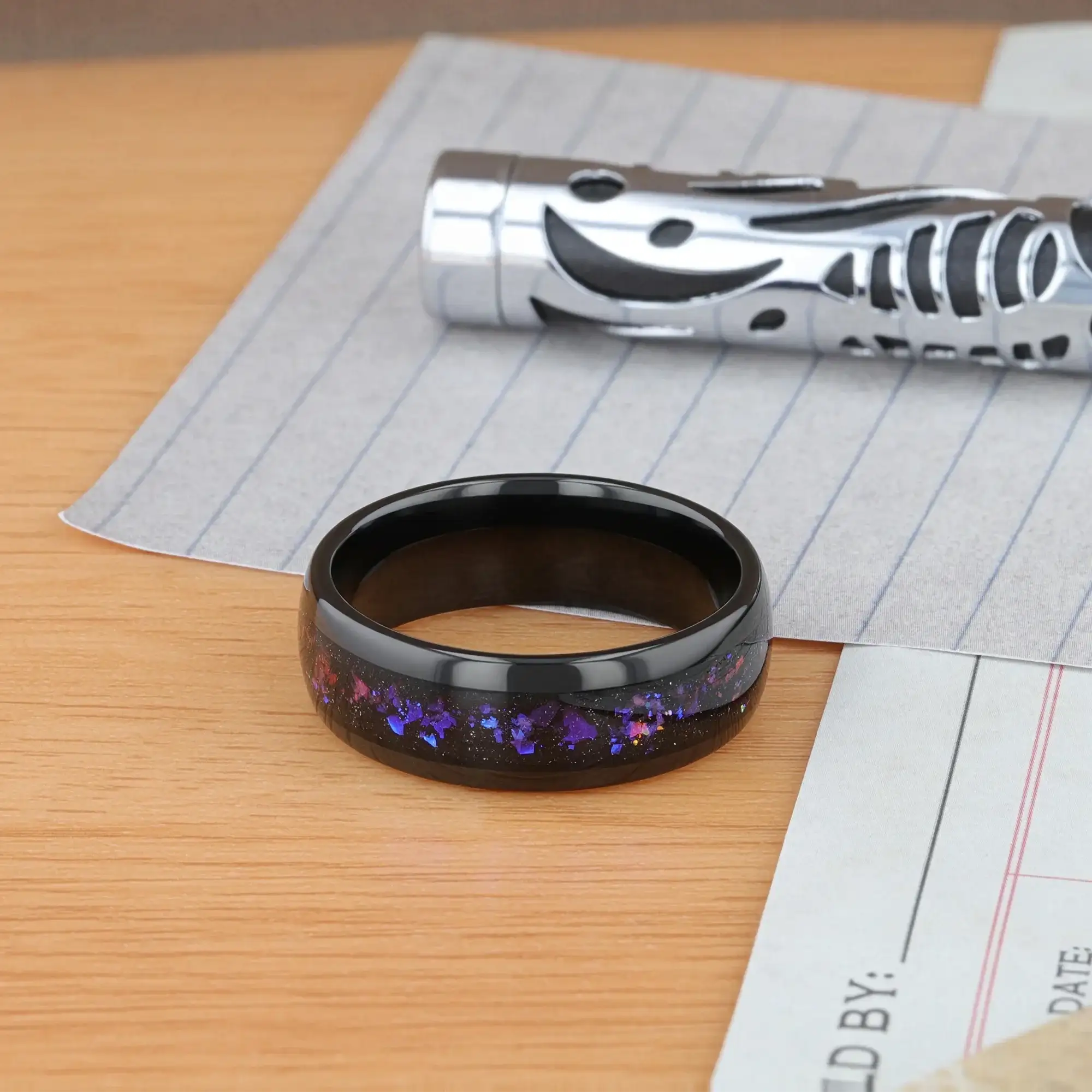 COSMIC Black Tungsten Ring with Crushed Alexandrite and Dark Blue & Purple Crushed Goldstone – 4mm to 8mm - Image 6