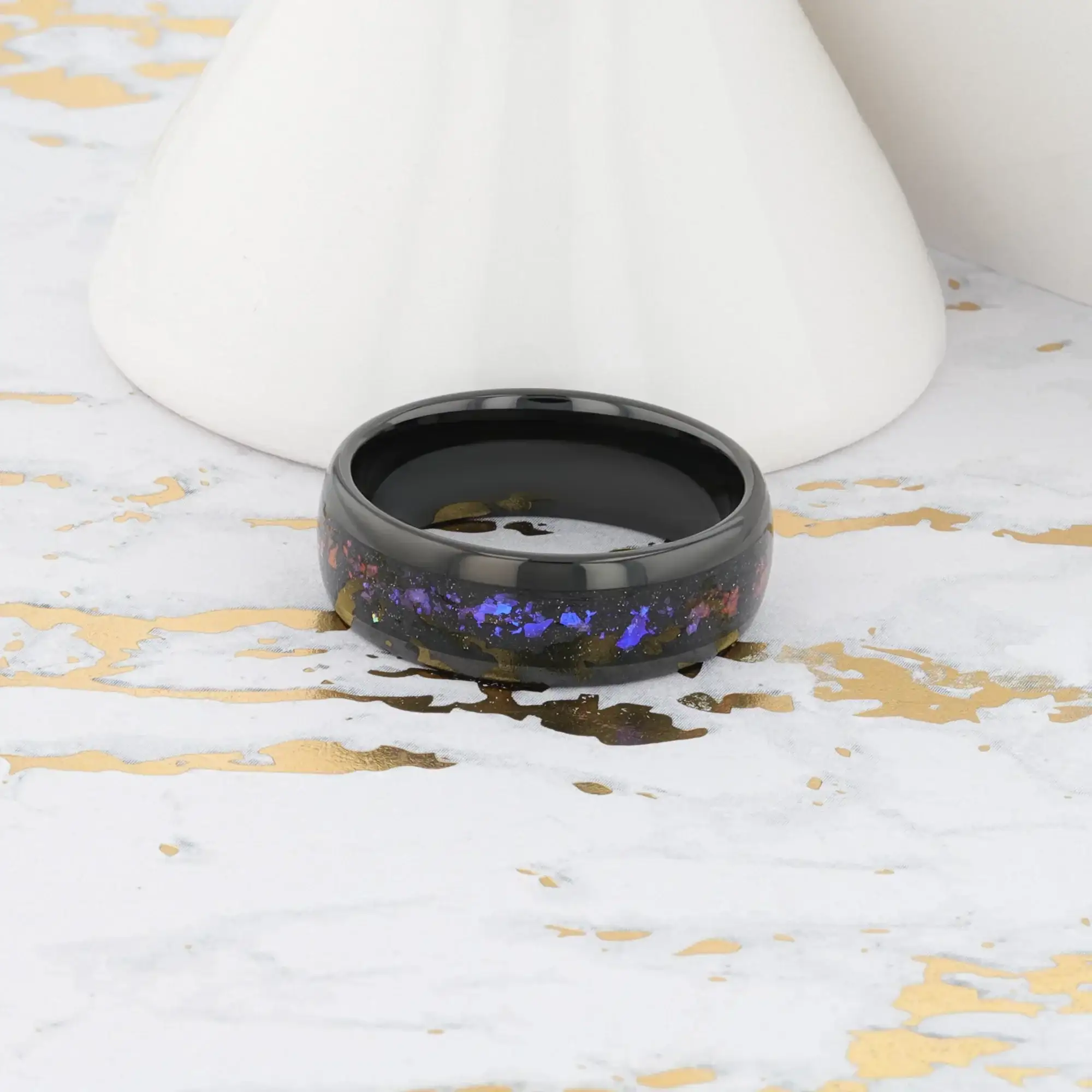 COSMIC Black Tungsten Ring with Crushed Alexandrite and Dark Blue & Purple Crushed Goldstone – 4mm to 8mm - Image 7