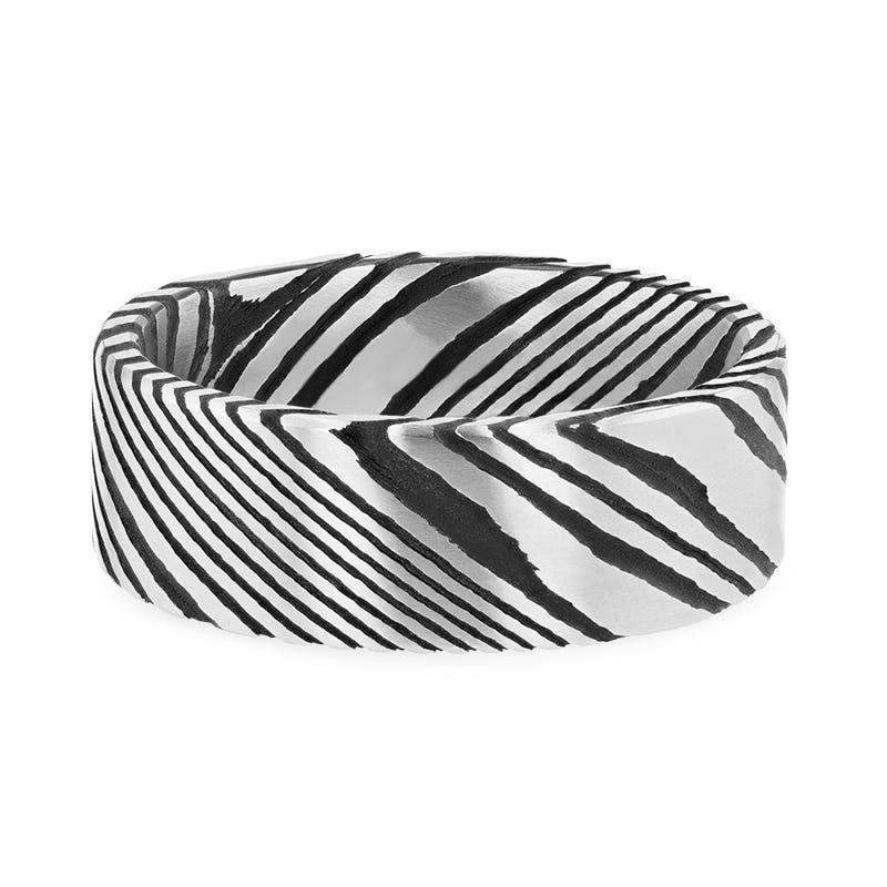HANZO Black Flat Brushed Damascus Steel Men’s Wedding Band with Vivid Etched Design- 6mm & 8mm - Image 3