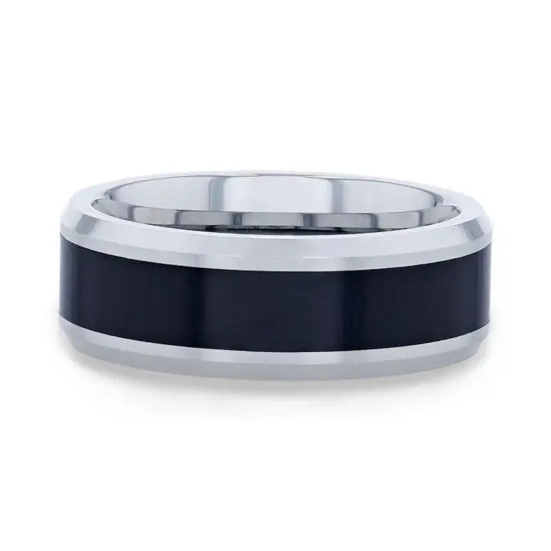 HAWK Polished Black Ceramic Inlaid Tungsten Men's Wedding Band with Bevels by Thorsten - 8mm - Image 3