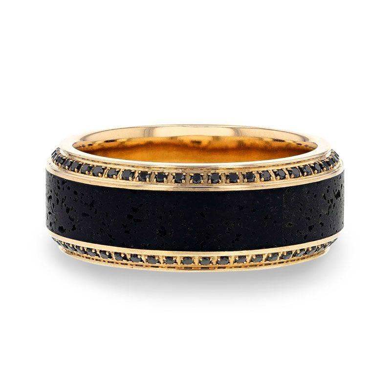 HYPERION Lava Inlaid 10K Yellow Gold Wedding Ring Polished Beveled Edges Set with Round Black Diamonds - 10mm - Image 3