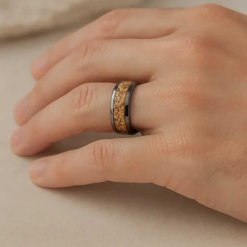 LUXE Tungsten Carbide Ring with Decorative Gold Flakes Inlay, 8mm - Image 4