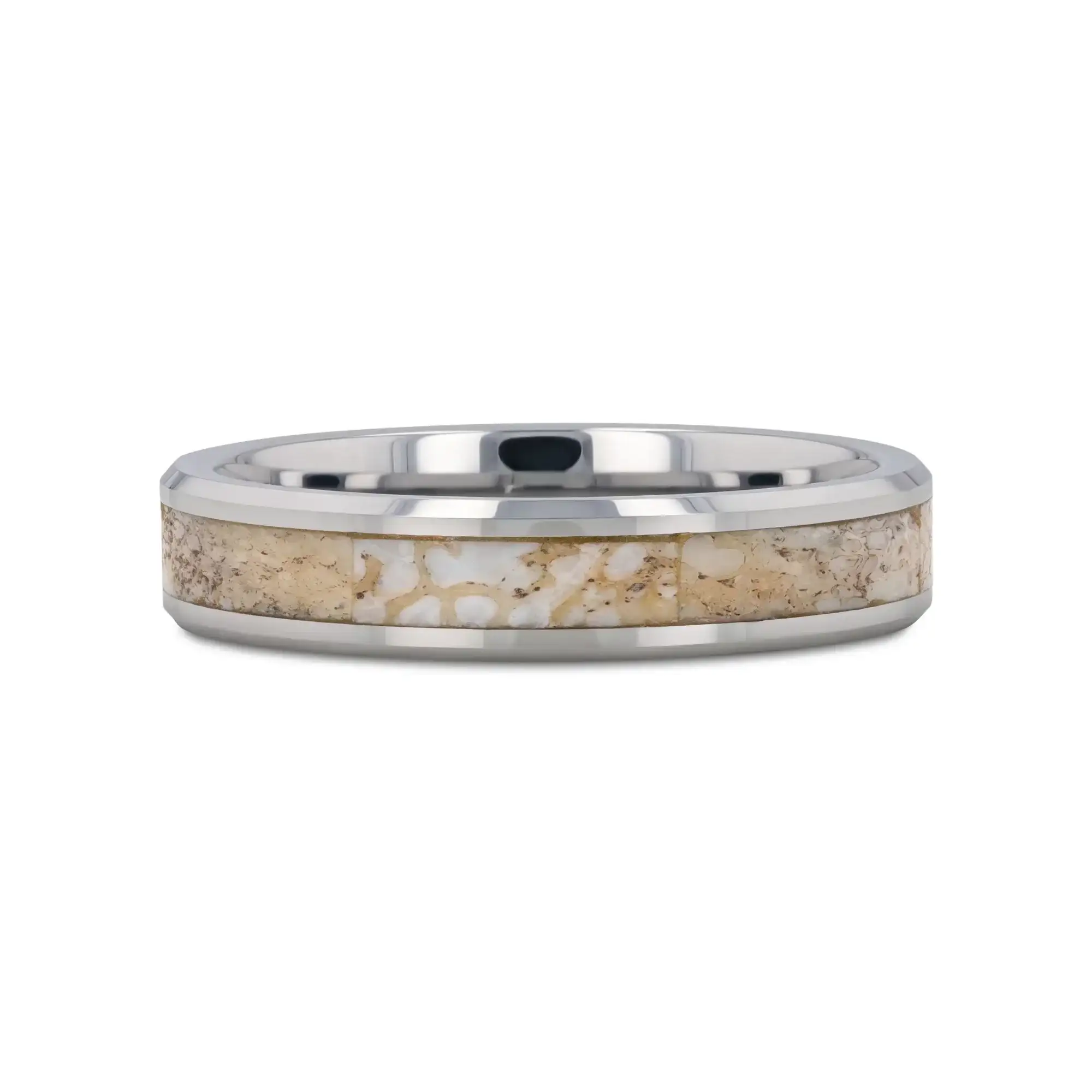 MESOZOIC Men’s Tungsten Flat Beveled Wedding Ring with White Dinosaur Bone Inlay - 4mm or 8mm - Image 6