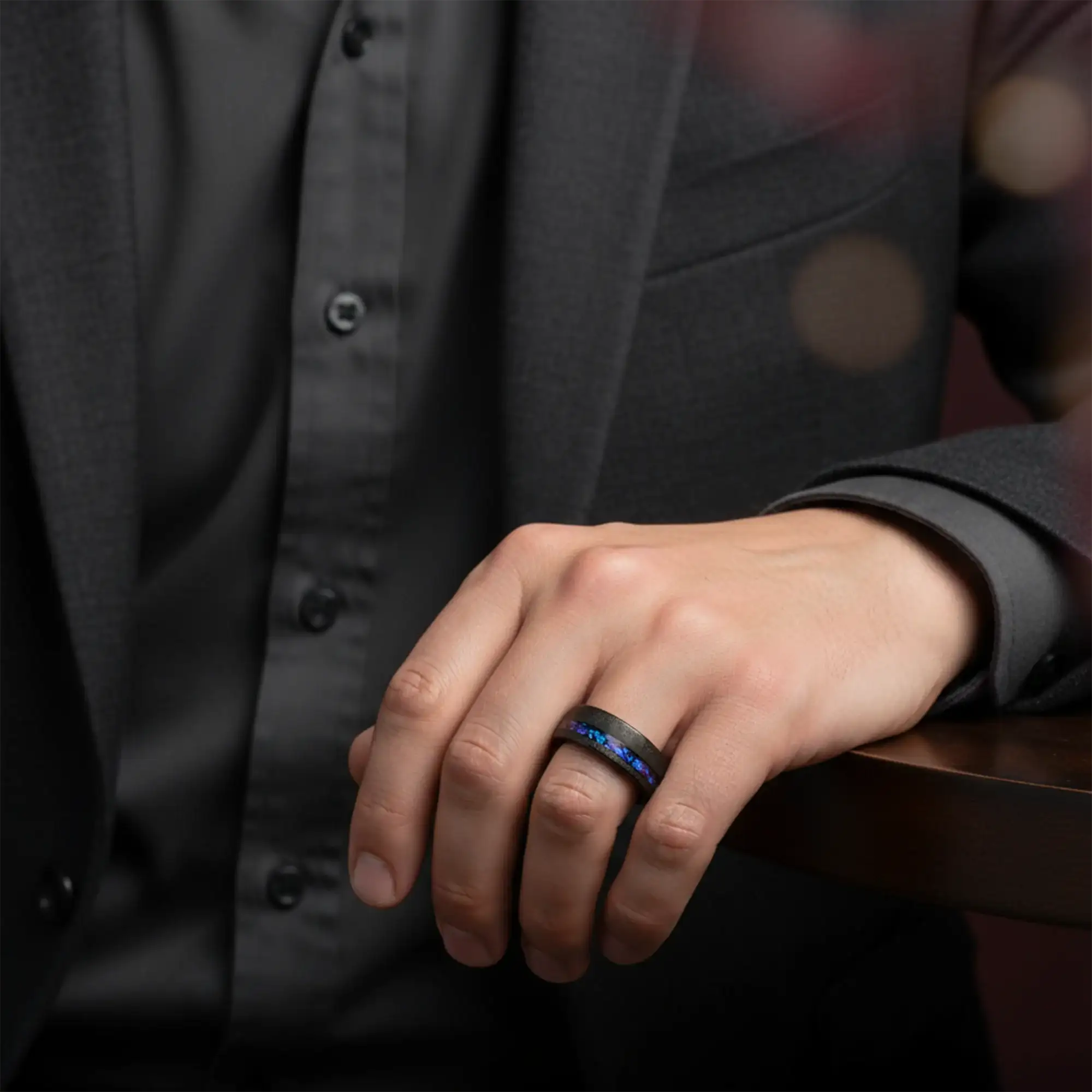 MIRAGE Sandblasted Black Tungsten Ring with Crushed Alexandrite and Dark Blue/Purple Crushed Goldstone – 8mm - Image 5