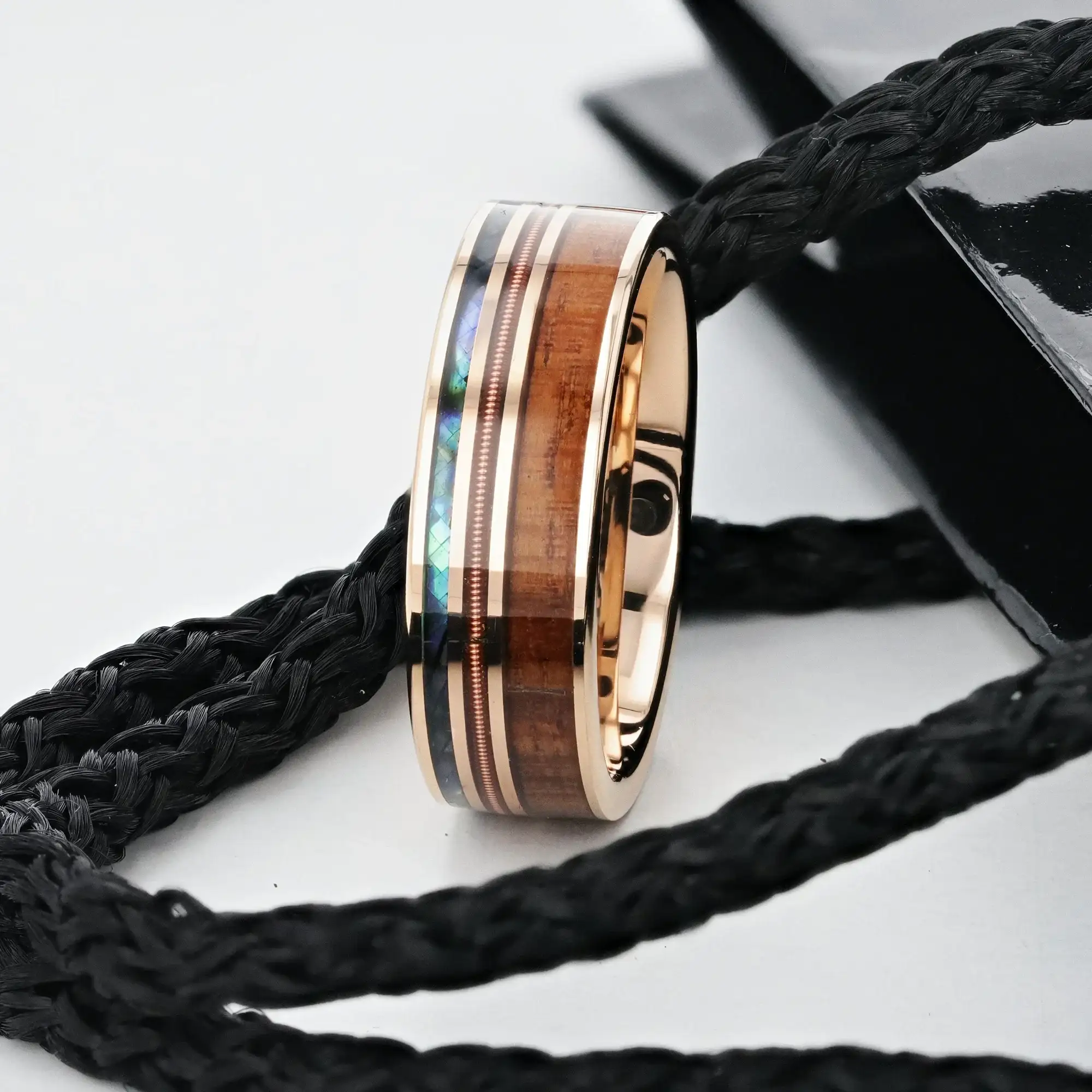MOANA Smoked Rose Gold Tungsten Ring with Hawaiian Koa Wood, Abalone Shell & Guitar String – 8mm - Image 4