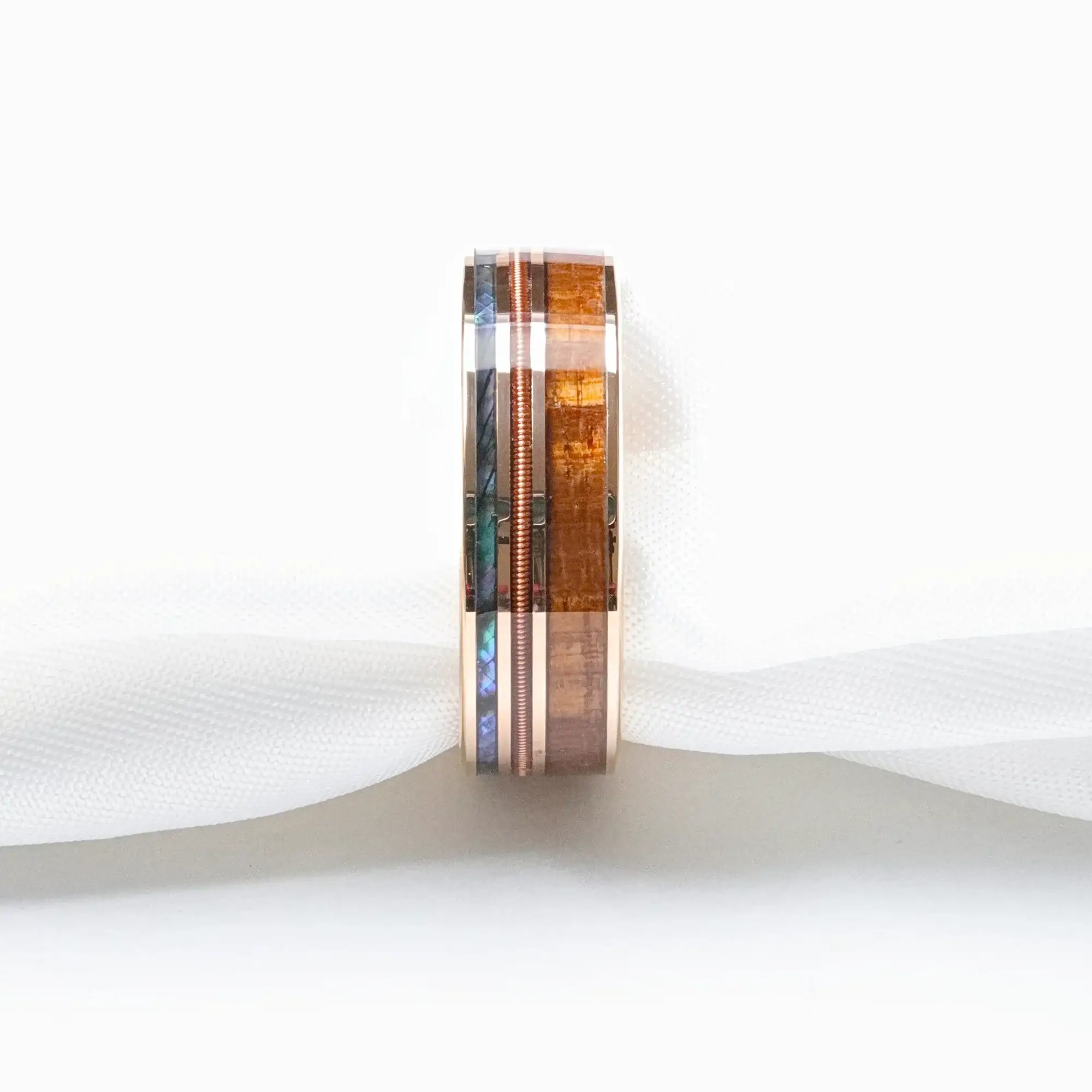 MOANA Smoked Rose Gold Tungsten Ring with Hawaiian Koa Wood, Abalone Shell & Guitar String – 8mm - Image 6