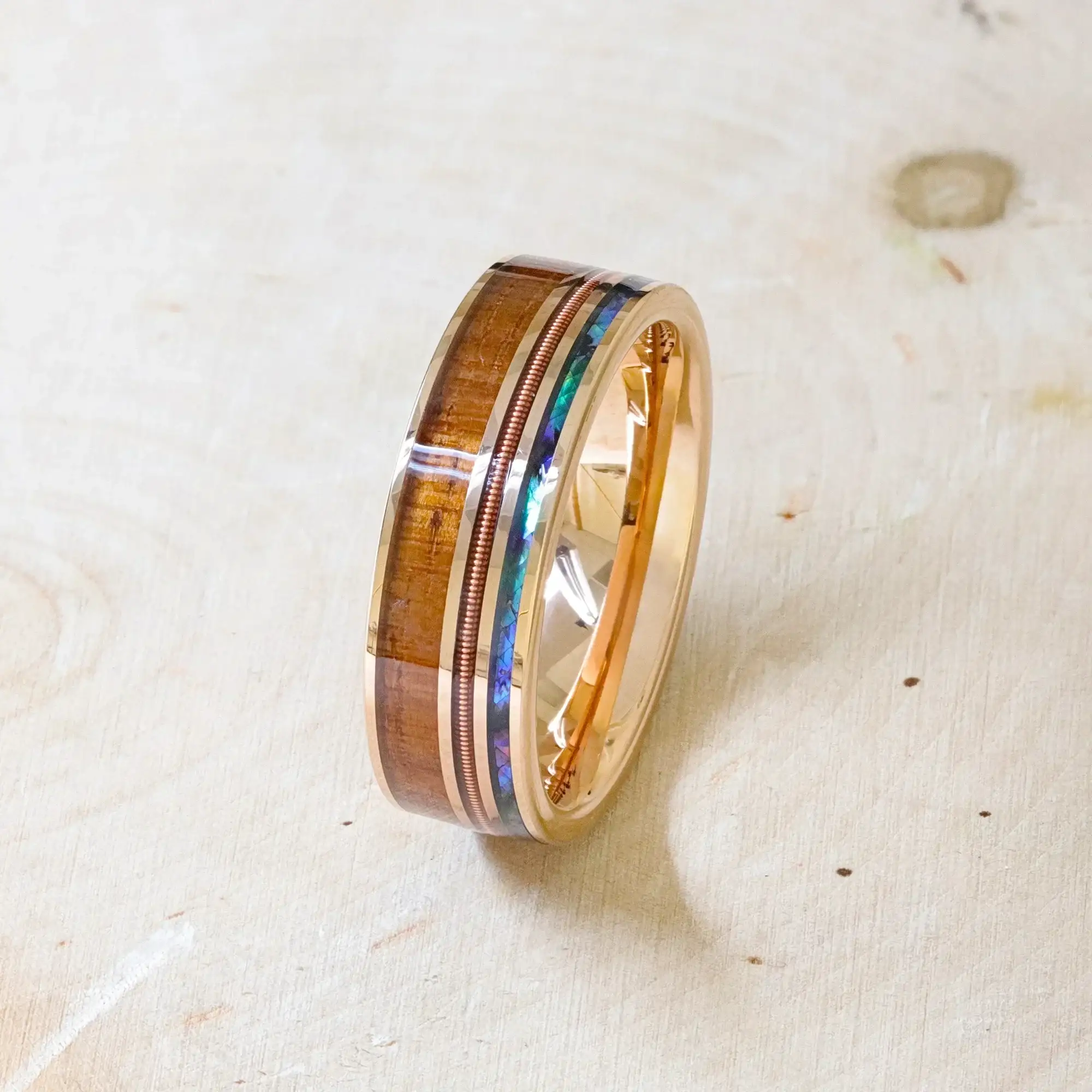 MOANA Smoked Rose Gold Tungsten Ring with Hawaiian Koa Wood, Abalone Shell & Guitar String – 8mm - Image 7