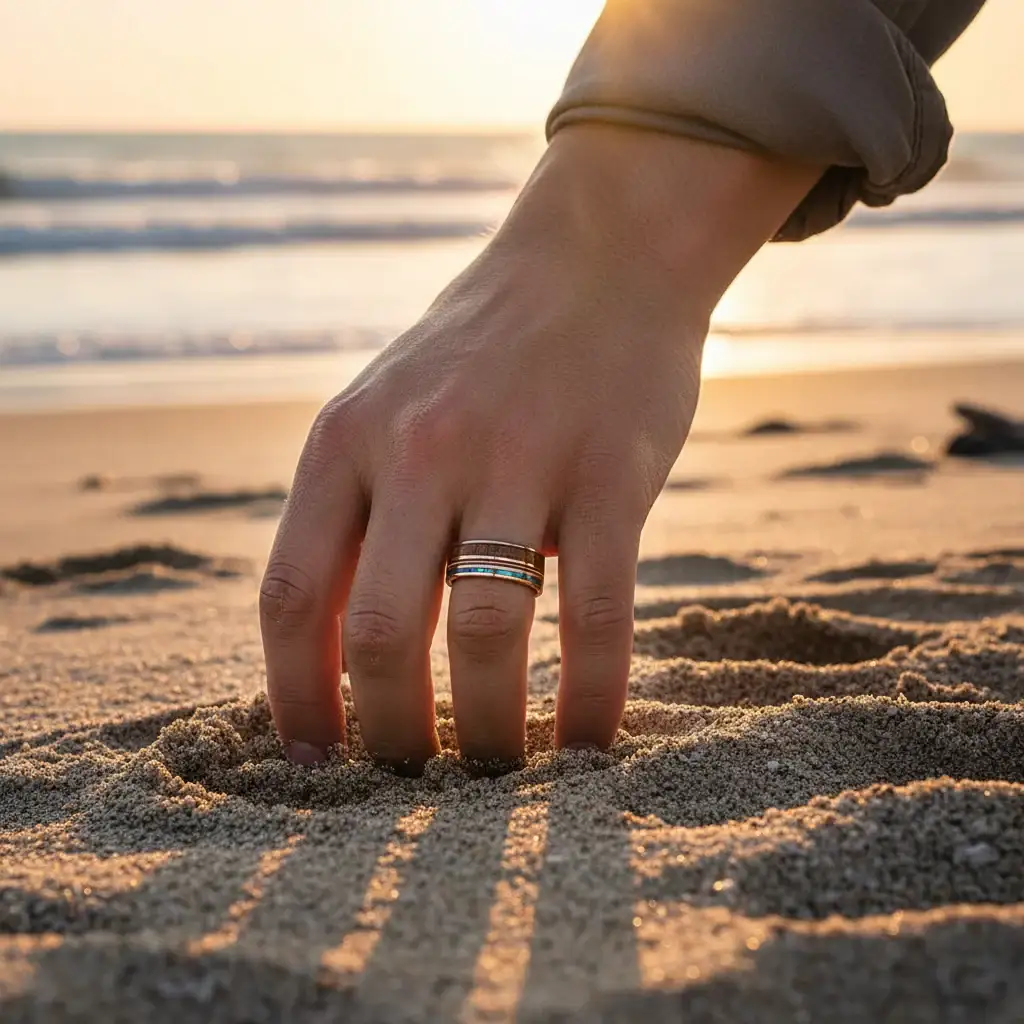 MOANA Smoked Rose Gold Tungsten Ring with Hawaiian Koa Wood, Abalone Shell & Guitar String – 8mm - Image 8