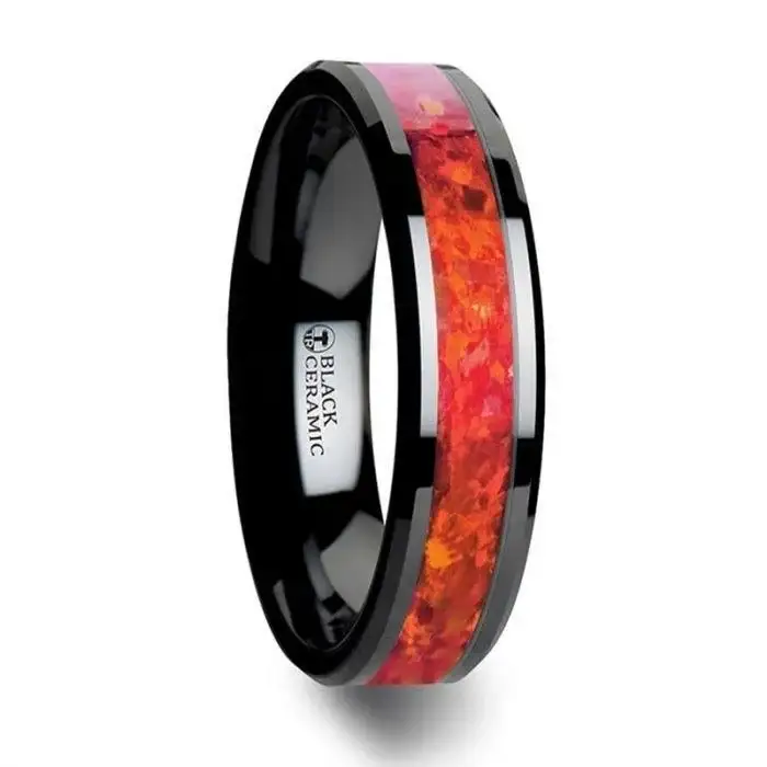 NOVA Black Ceramic Wedding Band with Beveled Edges and Red Opal Inlay - 4mm - 8mm - Image 3