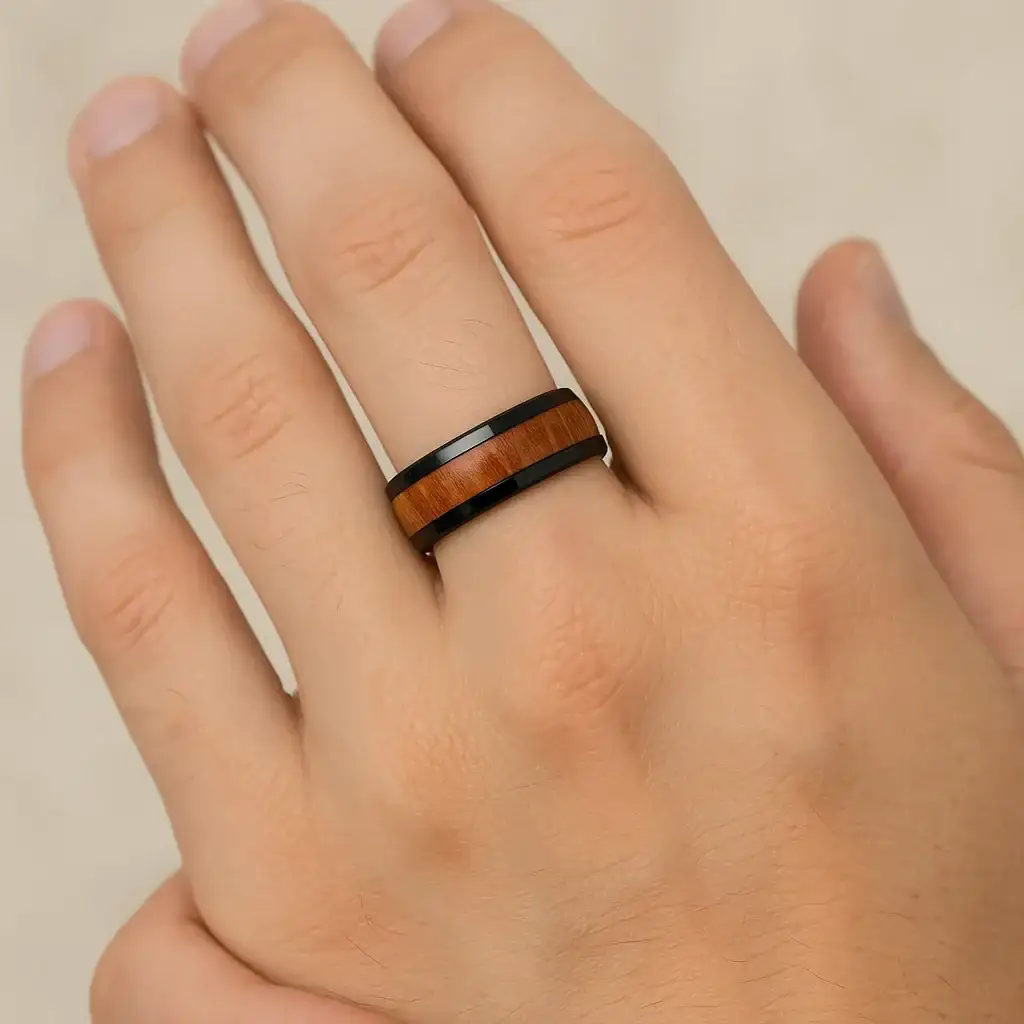 ODYSSEY Black Ceramic Wedding Band with Domed Polished Finish and Carpathian Elm Wood Inlay - 8mm - Image 4