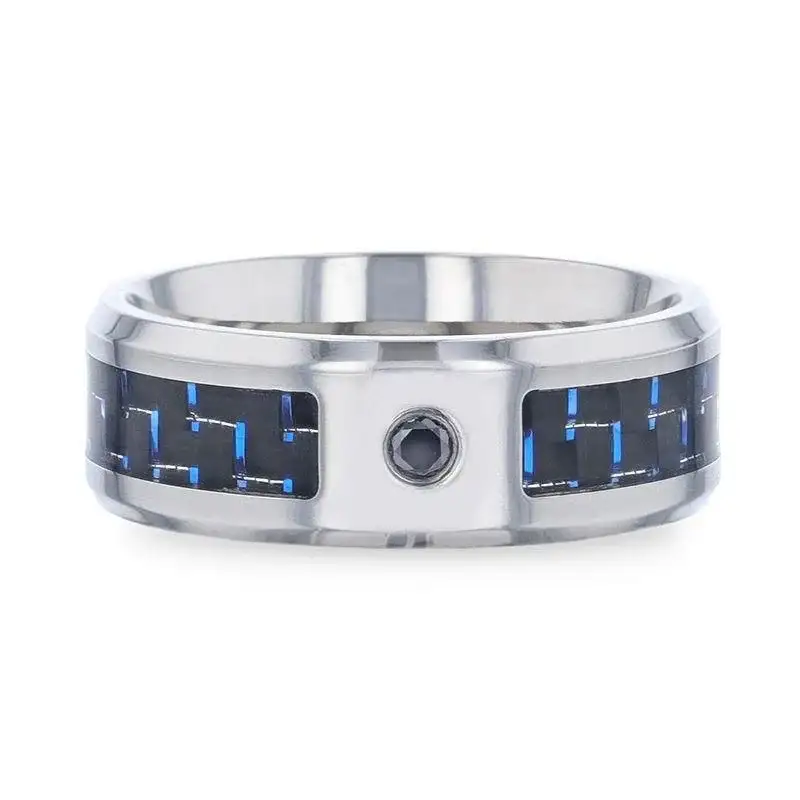 PACIFIC Black And Blue Carbon Fiber Inlaid Titanium Men's Wedding Band With Beveled Polished Edges and Black Sapphire Center Stone - 8mm - Image 3