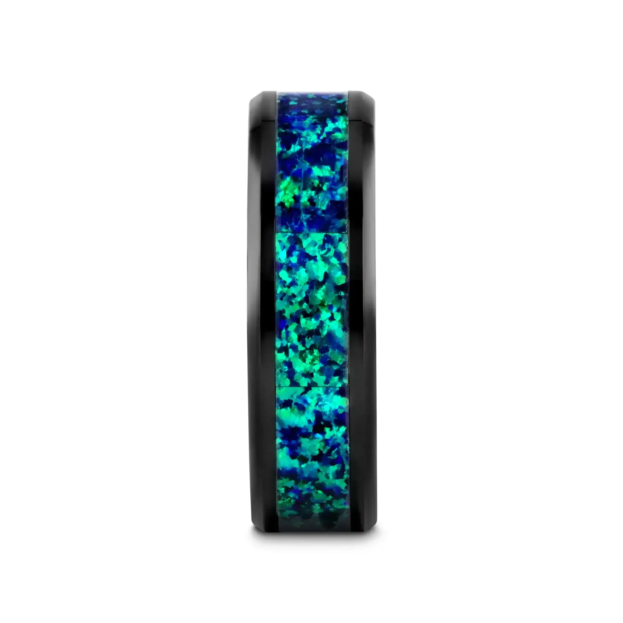 PULSAR Black Ceramic Wedding Band with Beveled Edges and Emerald Green & Sapphire Blue Color Opal Inlay - 6mm or 8 mm - Image 5