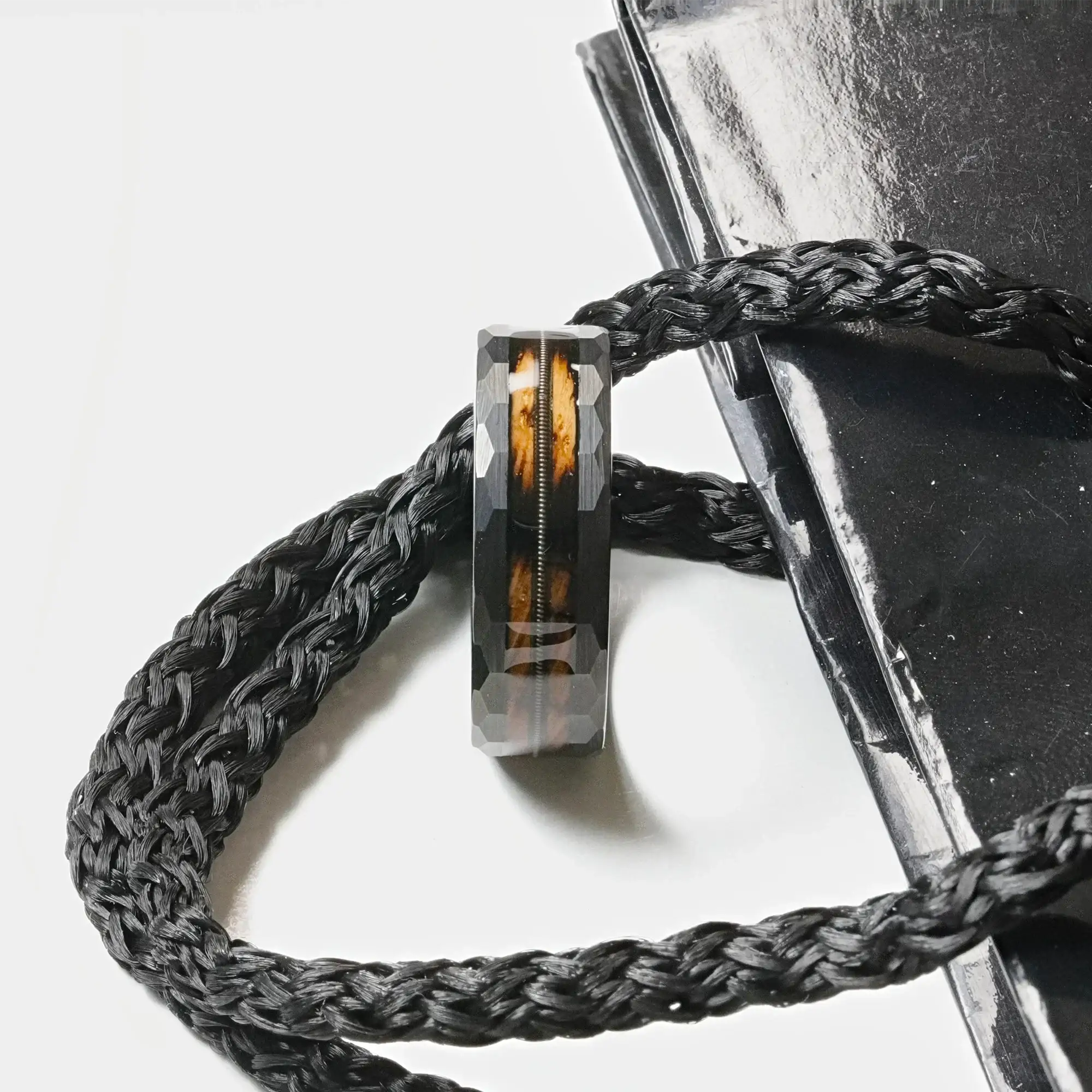 RIFF Black Tungsten Ring with Charred Whiskey Barrel Wood and Guitar String, 8mm - Image 4