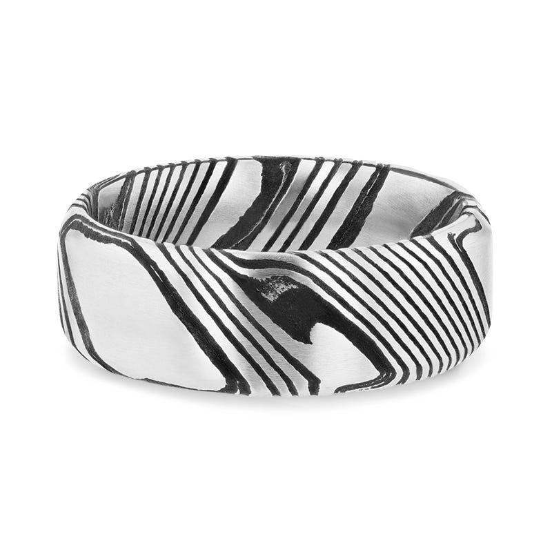 STARK Black Domed Brushed Damascus Steel Men’s Wedding Band with Vivid Etched Design- 6mm & 8mm - Image 3