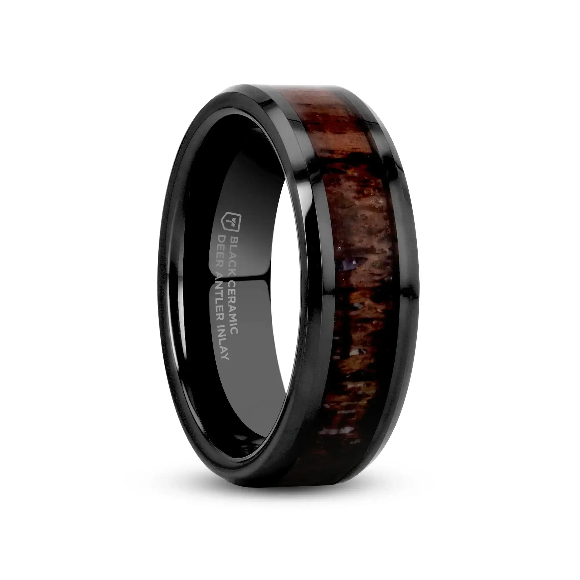 TINE Black Ceramic Polished Beveled Men's Wedding Band with Dark Brown Antler Inlay - 6mm & 8mm - Image 4
