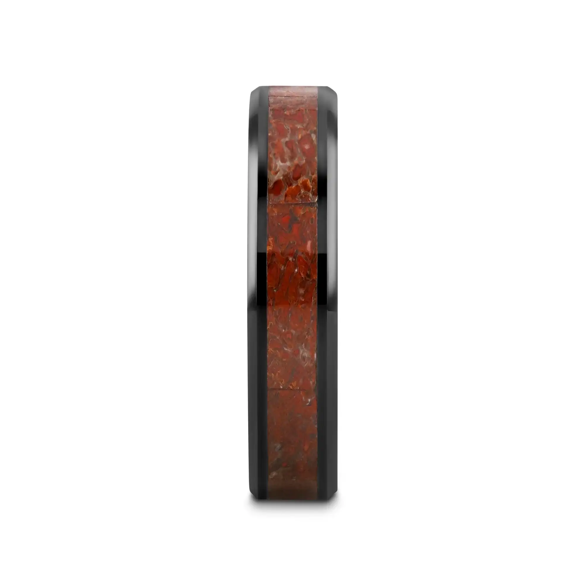 TRIASSIC Red Dinosaur Bone Inlaid Black Ceramic Beveled Edged Ring - 4mm & 8mm - Image 5