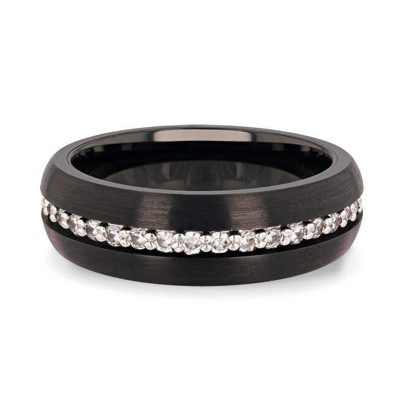 TSAR Black Tungsten Carbide Ring, Domed Brushed Finish with White Sapphires – 8mm - Image 3