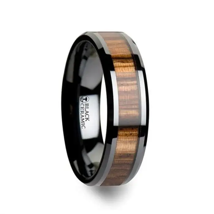 ZEBRANO Black Ceramic Ring with Beveled Edges and Real Zebra Wood Inlay - 4mm - 10mm - Image 3